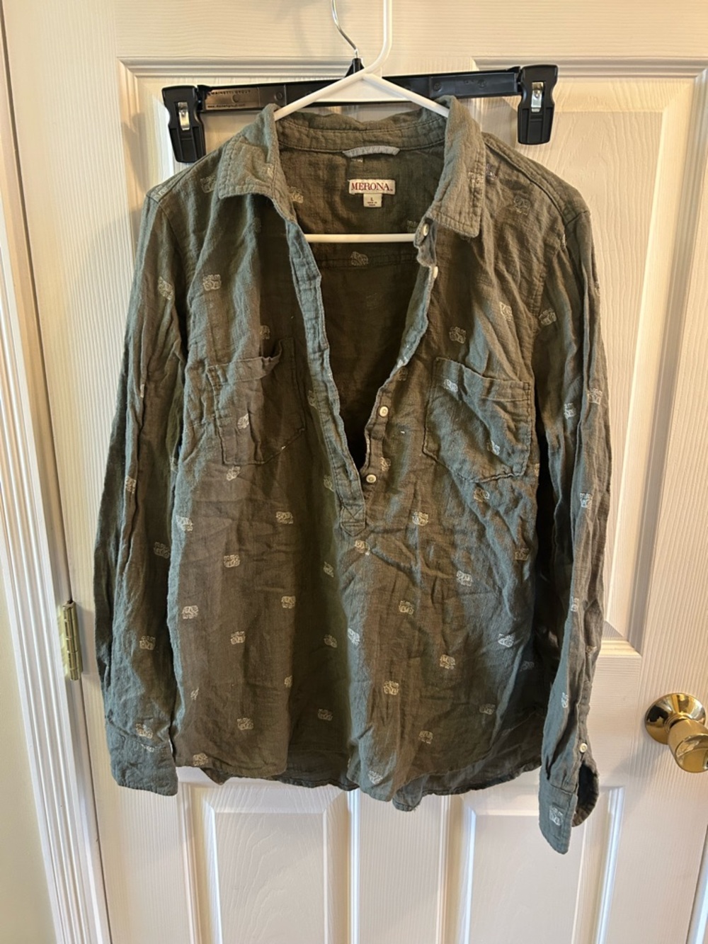Merona Olive Linen Button-Up Shirt with Subtle Embroidery